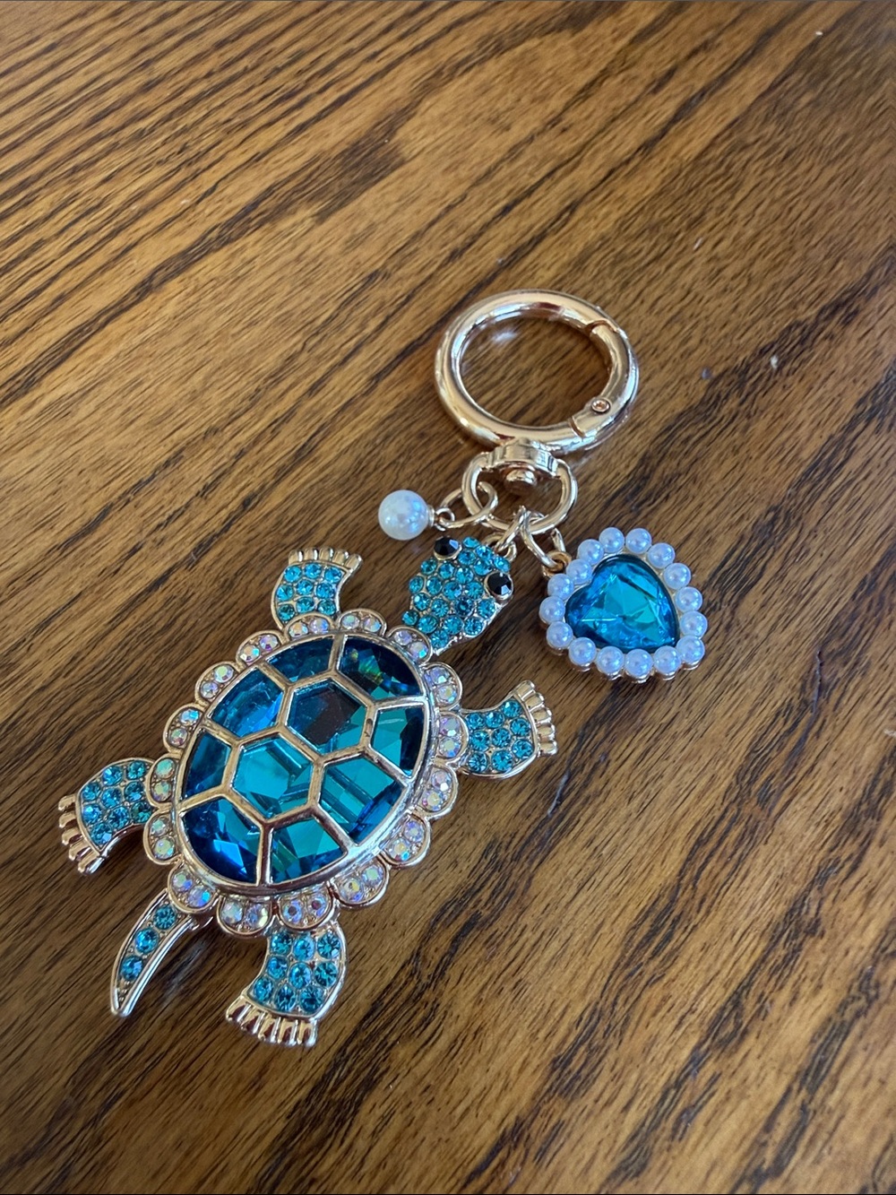 Blue Crystal Turtle Keychain Charm with Heart Pendant